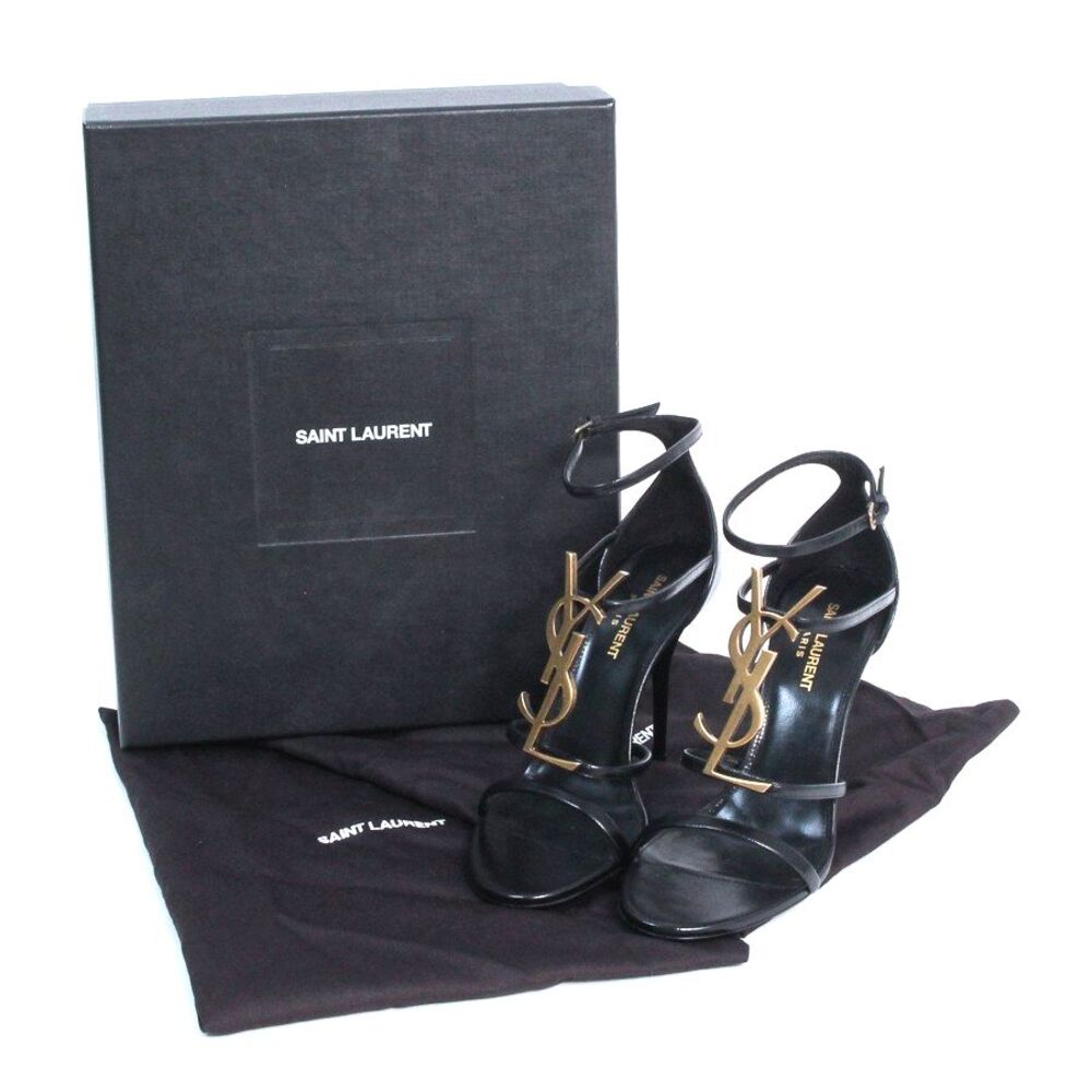 Saint Laurent Cassandra Sandals Black Leather Gold YSL Monogram Logo Heels 39 - Picture 2 of 15